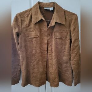 Chico's Vintage Brown Embroidered Embelished BUTTONdown Size 1 EUC